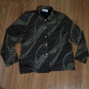 N Touch Vintage Black Metallic Wave Abstract Patterned Button Down Top Retro Y2k